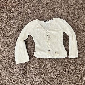 Lace-Up V-Neck Knit Sweater in Cream